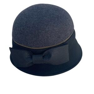 Callanan Cloche Hat Zipper Bow 100% Wool‎ felt, Womens OS Black Grey